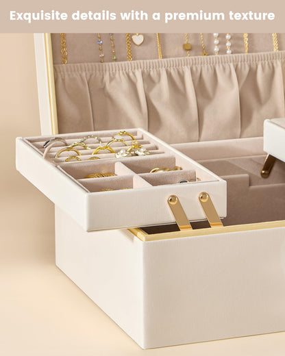 Lolalet Jewelry Box Organizer for Women Girls, 2 Layer Jewelry Organizers and Storage for Necklace Earrings Rings Bracelets, Large Jewellery Holder Case Birthday Gifts -Cream