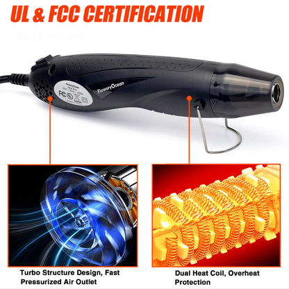 FloweryOcean Mini Heat Gun + Reflector Nozzles Kit 350W Fast Heat Hot Air Gun Overload Protection 2 Temp Setting 392°F-662°F & 6.6Ft Long Cable for Craft Shrink WrappingTubing Stripping Paint