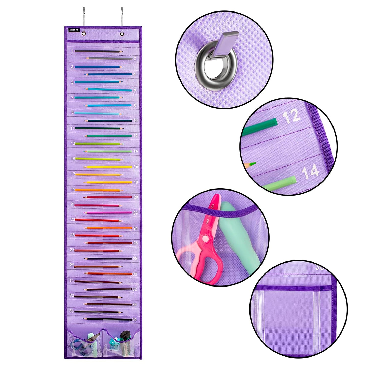 ANZORG Hanging Pencil Holder Classroom Pencil Parking Pocket Chart Numbered Pencil Dispenser Organizer as Back to School Essentials (2 Pack-Purple)