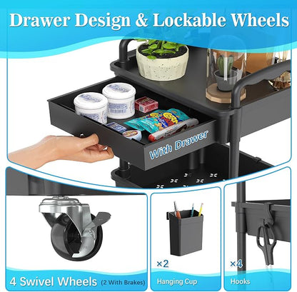 SUNALLY 4 Tier Rolling Utility Cart with Drawer, Storage Organizer Cart with 2 Lockable Wheels, Multifunctional Rolling Storage Cart for Bathroom, Kitchen, Craft, Makeup, Baby Essentials, Black
