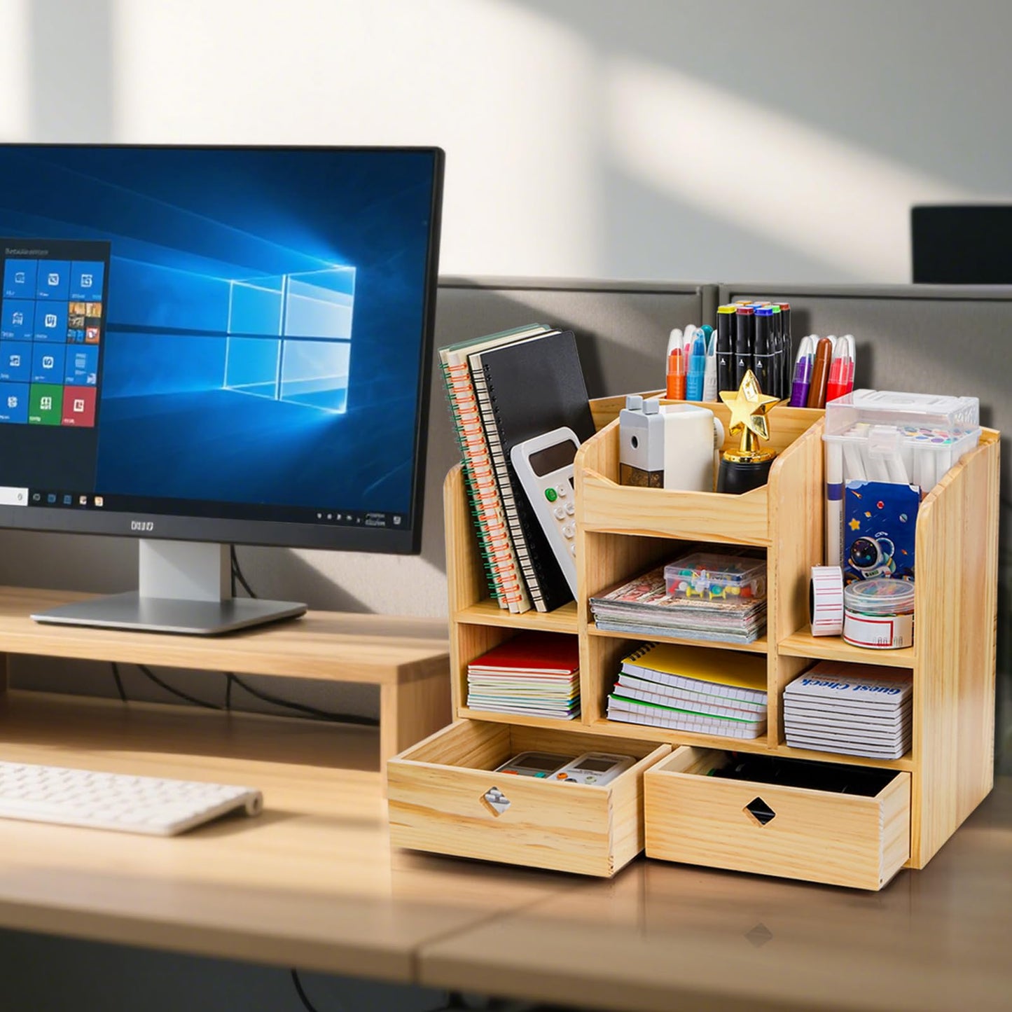 Acshio Wooden Desk Organizer with Drawers, Large Countertop Office Supplies Accessories Organization with 10 Compartments, Multifunctional Storage Box Makeup Storage Shelf Rack for Home, Office