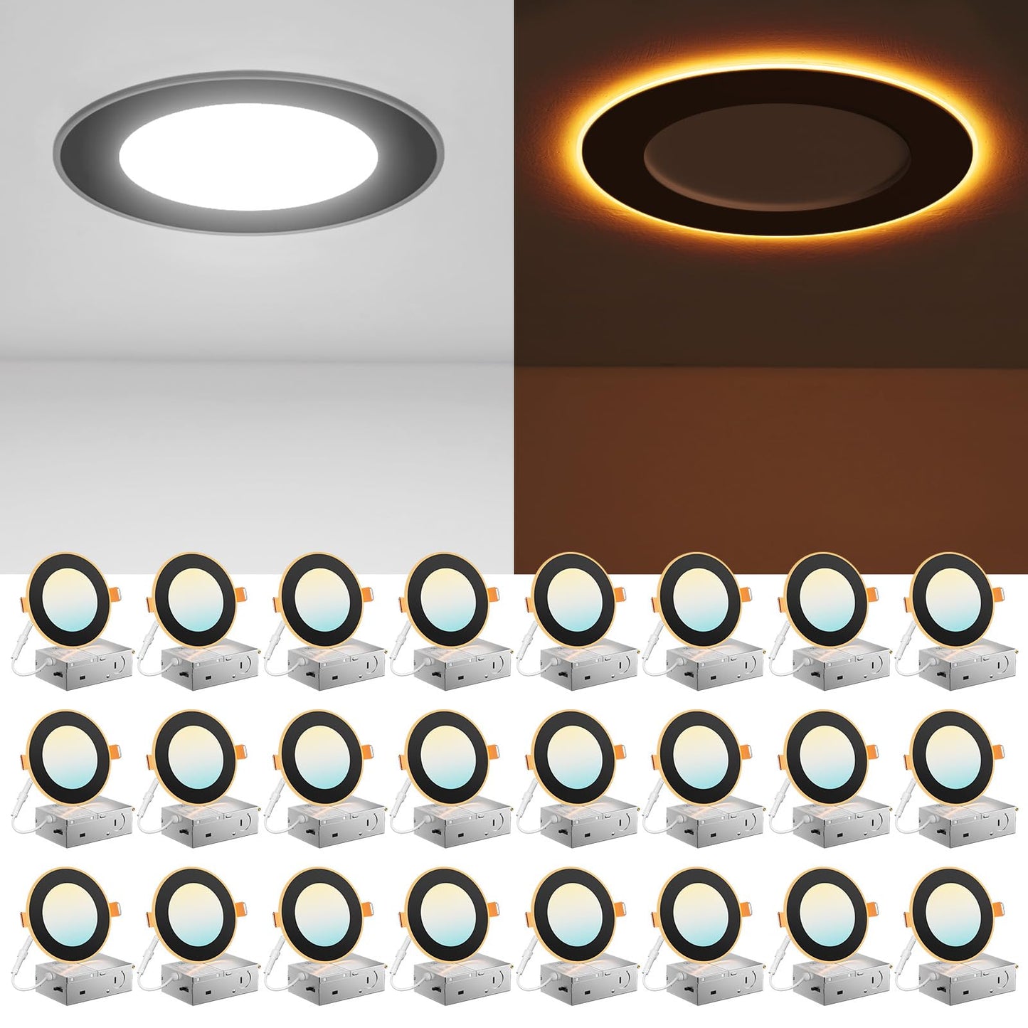 Amico 24 Pack 6 Inch 5CCT LED Recessed Ceiling Light with Night Light, 2700K/3000K/3500K/4000K/5000K Selectable Ultra-Thin Recessed Lighting, 12W=110W, 1100LM, Dimmable Canless Wafer Downlight ETL&FCC