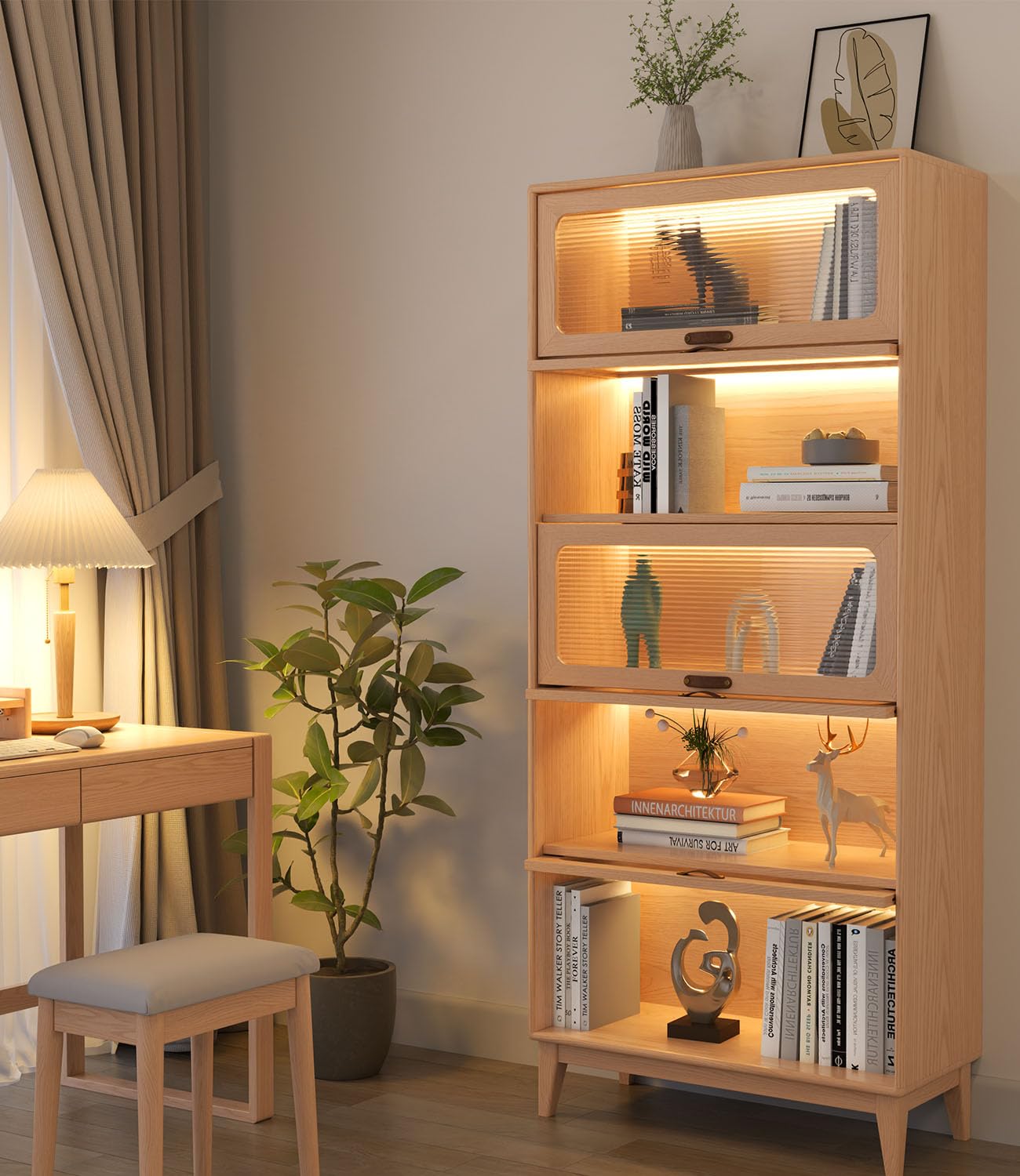 5 Tier Solid Wood Bookcase with Tempered Glass Doors Elegant Wooden Book Shelf with Doors 72H/32w/14 inch Log Khaki, Luxury Antique Bookcase Artwork Book Shelves/case for Home Office