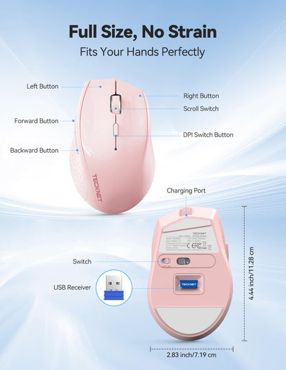 TECKNET Wireless Mouse Rechargeable,Mouse for Laptop Computer,2.4G USB Computer Mice Wireless,6 Button 6400 DPI Ergonomic Silent Mice,Portable Cordless Travel Mice-Wide Compatibility