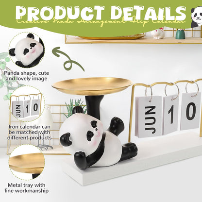 Cute Panda Metal Flip Calendar with Wooden Base,Daily Perpetual Desk Calendar with Organizer Tray,Reusable Modern Desktop Calendar for Home Office Desk Decor