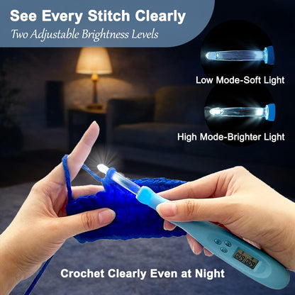 Light Up Crochet Hooks Set with Digital Stitch/Row Counter,18 Interchangeable Hooks (2.0–14.0 mm), Ergonomic Comfort Grip,Dual Light Modes with a Storage Case – A Perfect Gift for Crocheters