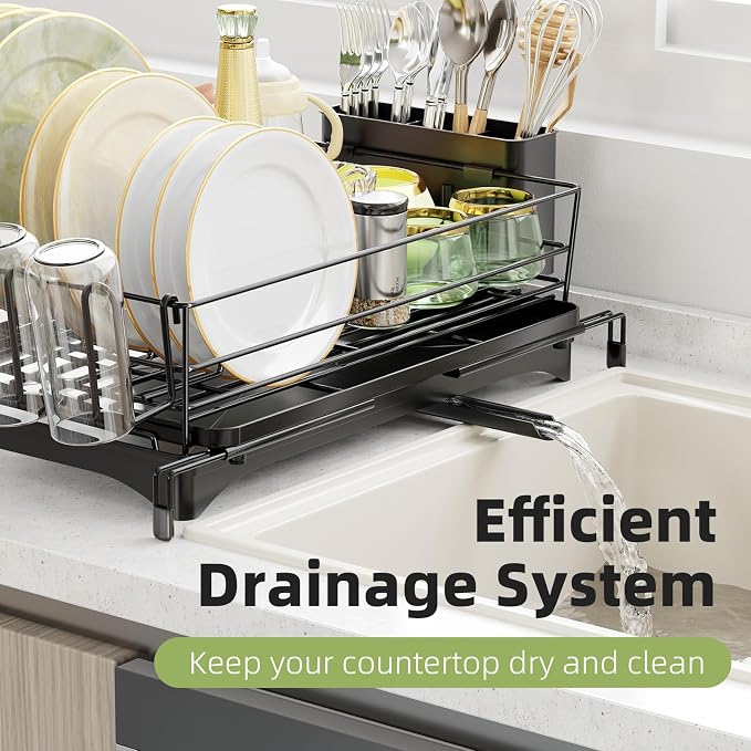 Ekisemio Expandable Dish Drying Rack with Utensil Holder & Drip Tray, Black | Ekisemio 12.7"-21.7" Expandable Dish Rack | 360° Swivel Spout | Steel Frame | Dual Utensil Holder | Tool-Free | Anti-Slip