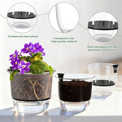 Ferrochef 6 Pcs Clear Self Watering Pots for Indoor Outdoor Plants Flowers, 2 Each of 4, 5 and 6 Inch Self Watering Planters with Reservoir, Drainage Hole and Absorbent Cotton Rope