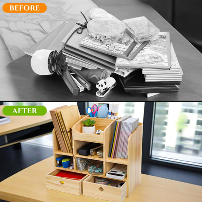 Acshio Wooden Desk Organizer with Drawers, Large Countertop Office Supplies Accessories Organization with 10 Compartments, Multifunctional Storage Box Makeup Storage Shelf Rack for Home, Office