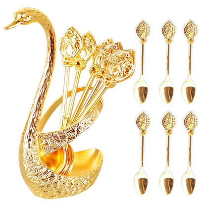 Coffee Spoon Set with Swan Base Holder, Metal Swan Base Holder Spoon Organizer with 6 Spoons, Small Delicate Spoons for Coffee Fruit Dessert Ice Cream Cake (Gold)
