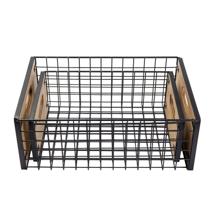 [ Extra Large ] TIEYIPIN Nesting Countertop Baskets, Metal Wire Storage Basket with Wooden Handles, Storage Organizer Bin for Kitchen Cabinets, Bathroom, Pantry, Garage, Laundry Room, Set of 2