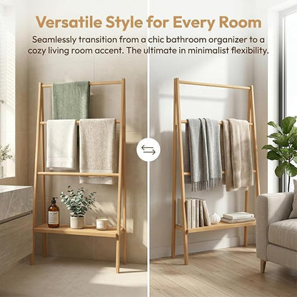 Bamboo Ladder Towel Rack - Blanket Holder with Storage Shelf for Bathroom & Living Room, Freestanding 30.16" L x 12.01" W x 51" H, Eco-Friendly