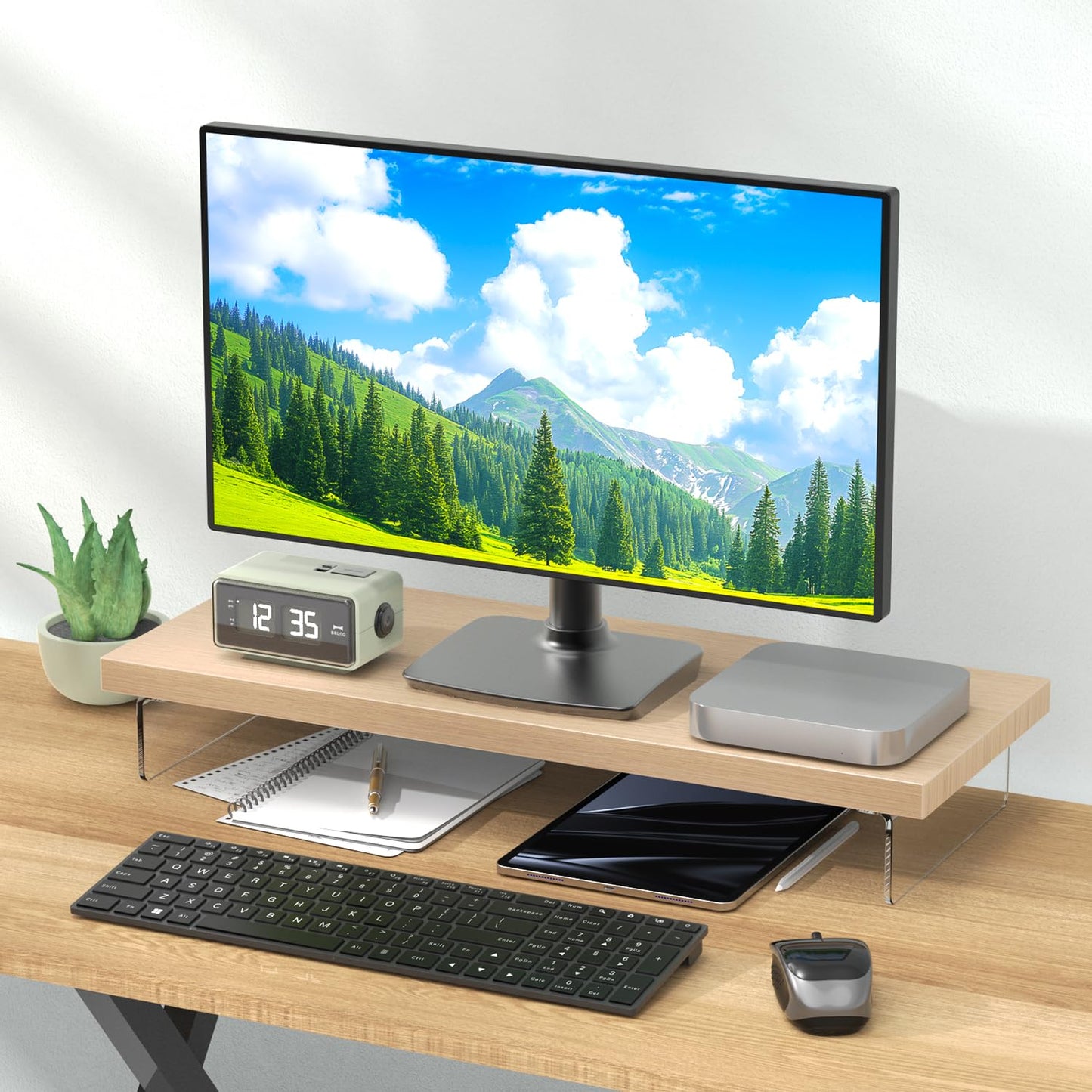 SSWOOD Monitor Stand Riser, Wood & Acrylic Computer Monitor Stand Desk Desktop Organizer Table For Home, Office Workspace, Laptop Riser, Printer, PC & TV Screen Riser