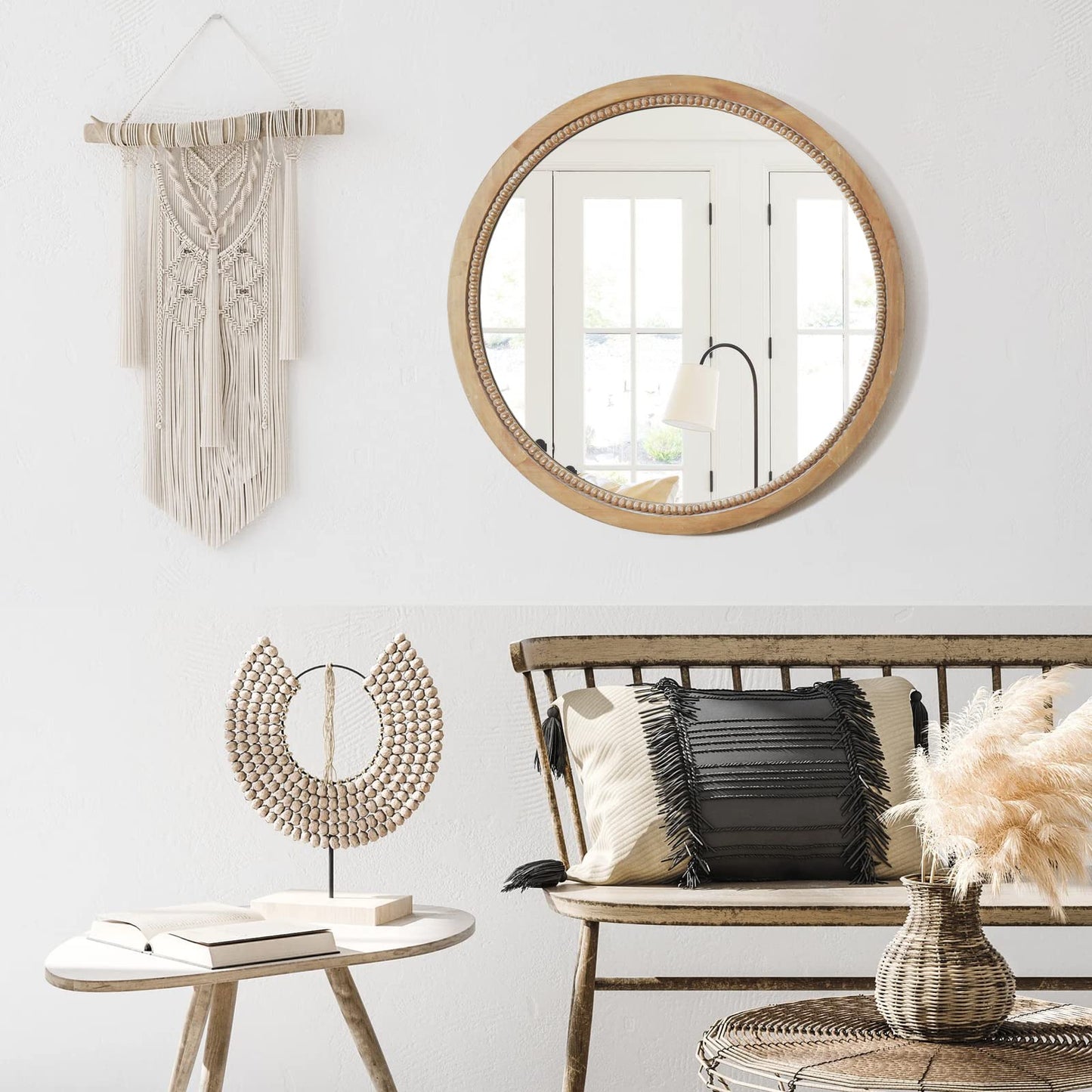 sawsile Round Wood Mirror,24 inch Circle Rustic Farmhouse Natural Wooden Frame Boho Beads Wall Mirror for Bathroom,Living Room,Bedroom or Entryway