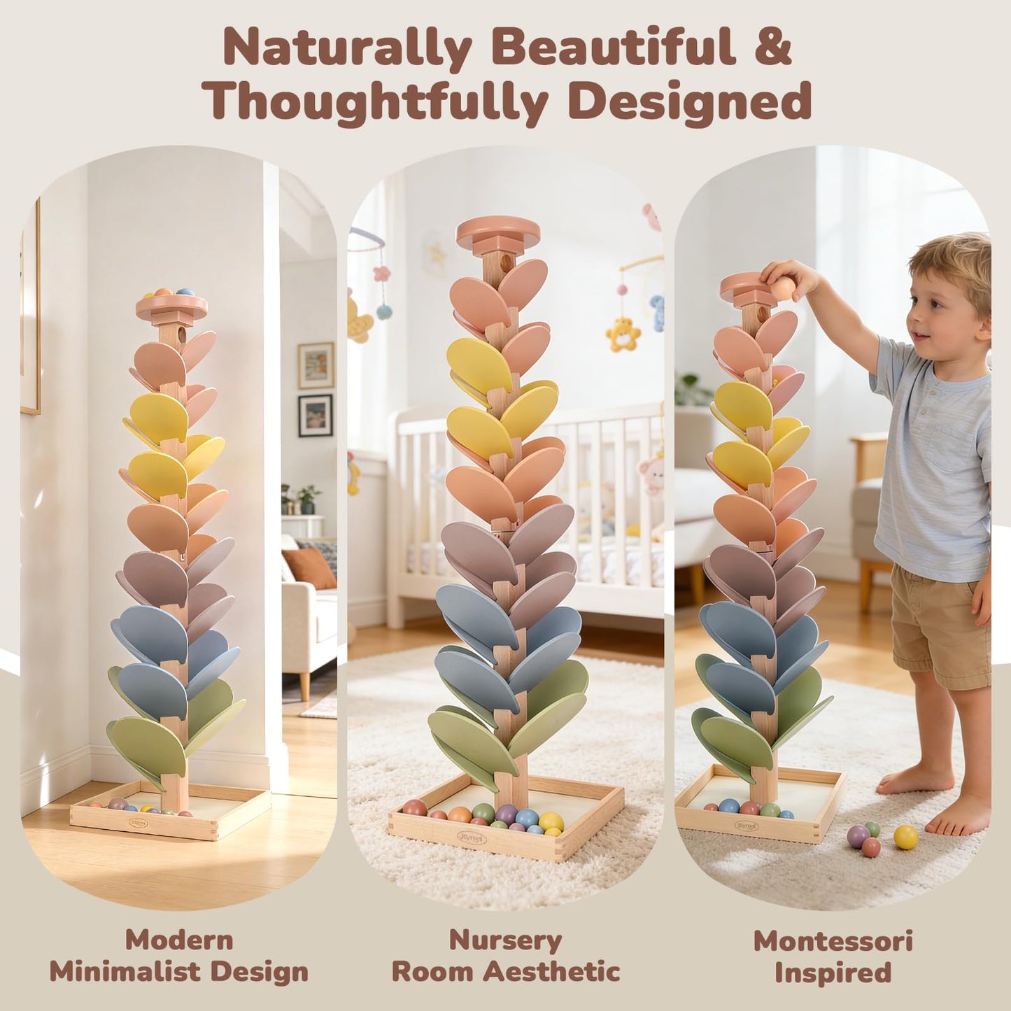 Joyreal Wooden Marble Run Music Tree for Kids 3-5 4-8, Montessori Wooden Ball Drop Toy, Rainbow Marble Tree Tower with Sound Leaves, Educational Learning Birthday Gift