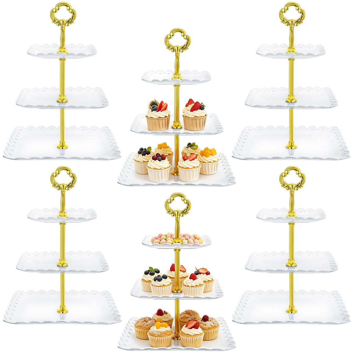 Gandeer 6 Sets of 3 Tier Tea Party Cupcake Stand, White Plastic Cupcake Dessert Plates Square Display Trays for Cake Fruit Candy Display Tower for Wedding Birthday Baby Shower Decorations
