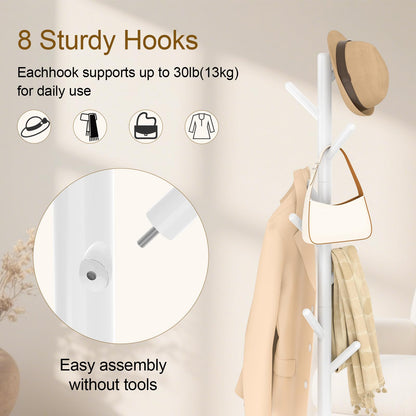 YheenLf Coat Rack Freestanding with Stable Square Base for Cloathes, Hat, Used in Bedroom, Office and Entryway, Sturdy and Easy Assembly Coat Tree with 3 Adjustable Sizes and 8 Hooks, White