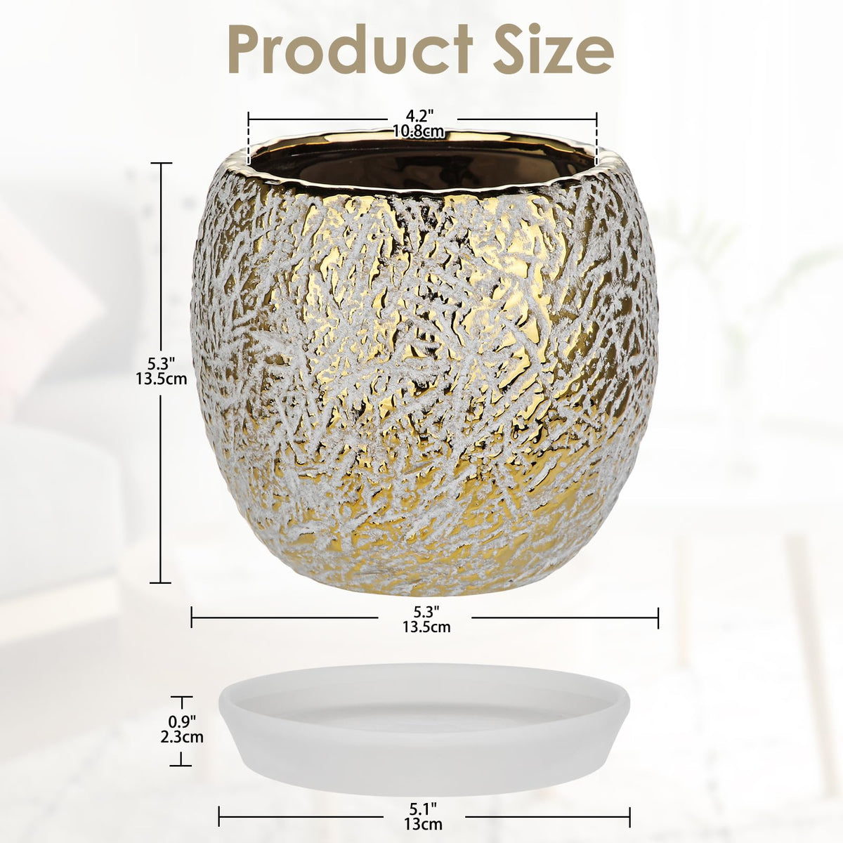 Ceramic Plant Pots for Plants Indoor 5.3 Inch Round Gold and White Flower Pot Gilded Decorative Planter with Drainage Hole and Saucer Modern Ceramic Pot for Succulents Orchids Cactus Herbs Home Decor
