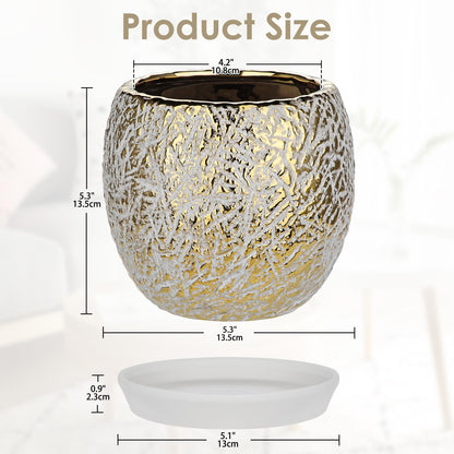 Ceramic Plant Pots for Plants Indoor 5.3 Inch Round Gold and White Flower Pot Gilded Decorative Planter with Drainage Hole and Saucer Modern Ceramic Pot for Succulents Orchids Cactus Herbs Home Decor