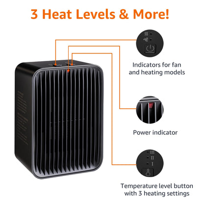 Amazon Basics Portable Ceramic Space Heater, Small Electric Heater for Indoor Use With 3 Heat Settings, Temperature Control, Lightweight (1.7 LBS), 520 w, Black, 5.1"L x 3.5"W x 7"H