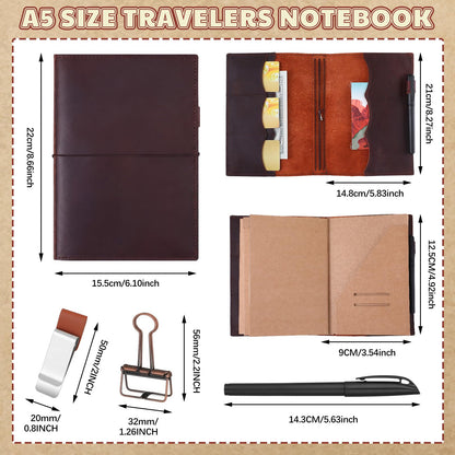 Eaasty Leather A5 Travelers Journal Notebook Cover with Inner Pockets, Card Slots and Pen Holder, Travelers Journal Inserts, PVC Folder, Binder Clip and Elastic Bands for Women Men (Brown)