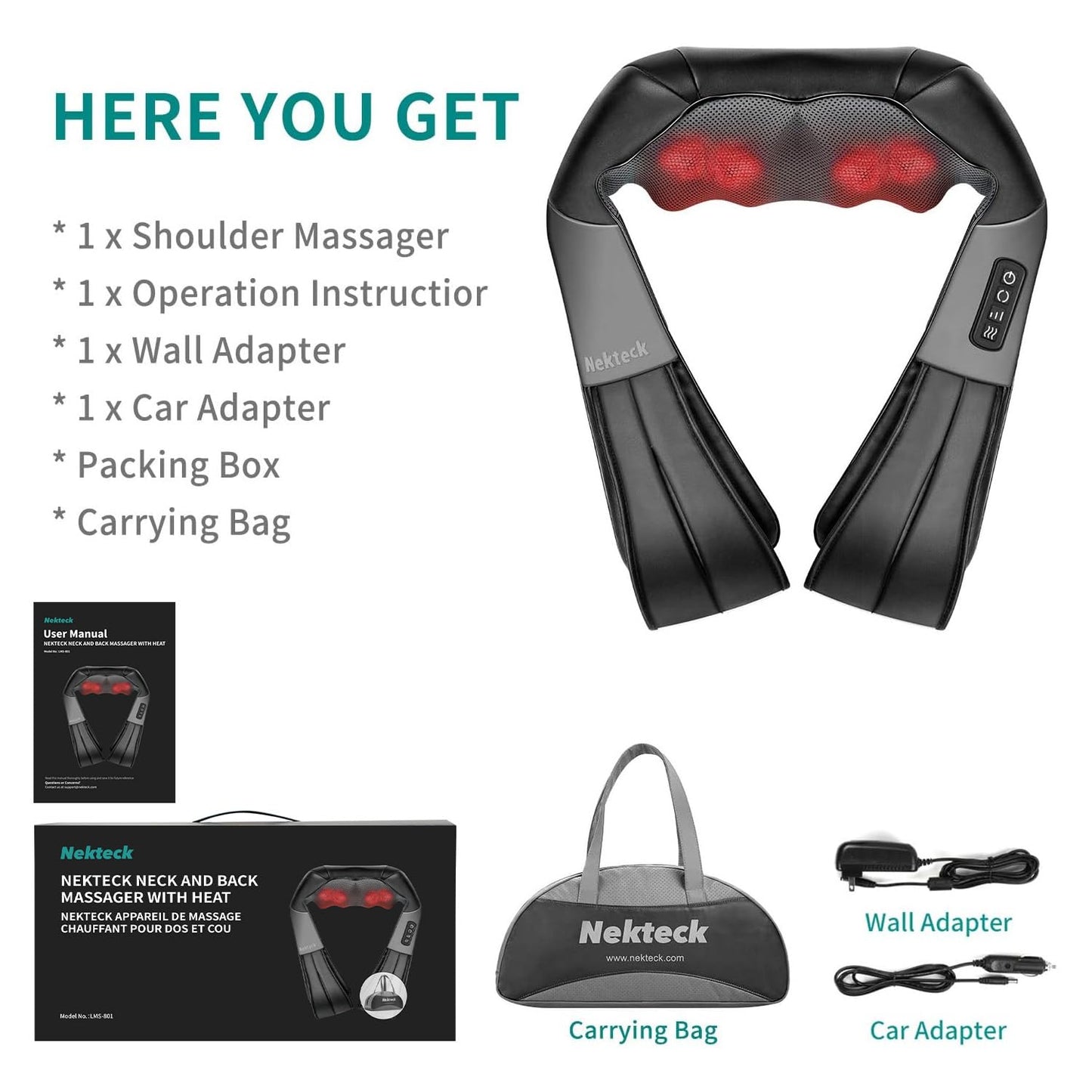 Nekteck Shiatsu Neck and Back Massager with Soothing Heat, Electric Deep Tissue 3D Kneading Massage Pillow for Shoulder, Leg, Body Muscle Pain Relief, Home, Office, and Car Use