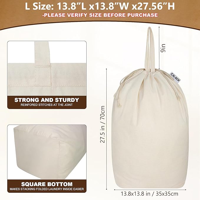 Canvas Laundry Bags with Handles & Square Base13.8"Lx13.8"Wx27.6"H, Large Heavy