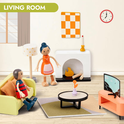 Giant bean 85pcs Wooden Plastic Dollhouse Furniture Set for 6 Rooms, Modern Dollhouse Accessories Pretend Play Furniture Toys for Boys Girls Toddlers & Kids 3 4 5 6 7 Years and up