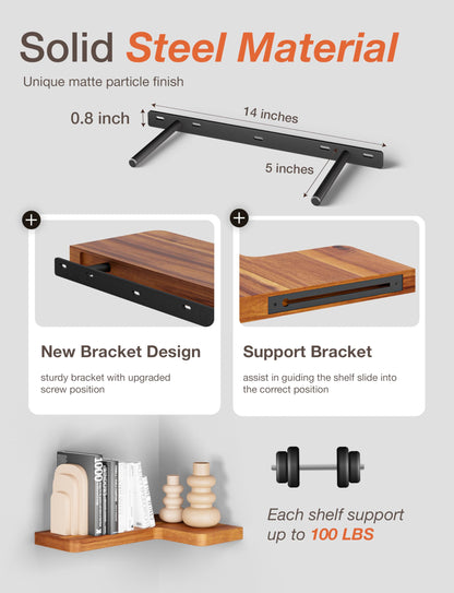 BATODA Acacia Wood Corner Floating Shelves 17" x 12"– Corner Shelf Wall Mounted - Floating Book Shelves for Wall - Brackets and Shelving Hardware Included for Kitchen, Living Room, Bathroom (Set 2)