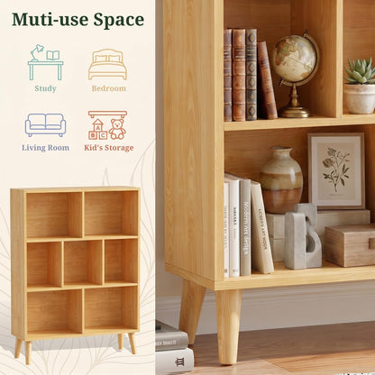 SageNest 7 Cube Bookshelf, 3 Tier Mid-Century Modern Bookcase with Wooden Legs, Heavy Duty Cubby Storage Organizer Display Shelf for Living Room, Bedroom & Office, Deep Natural