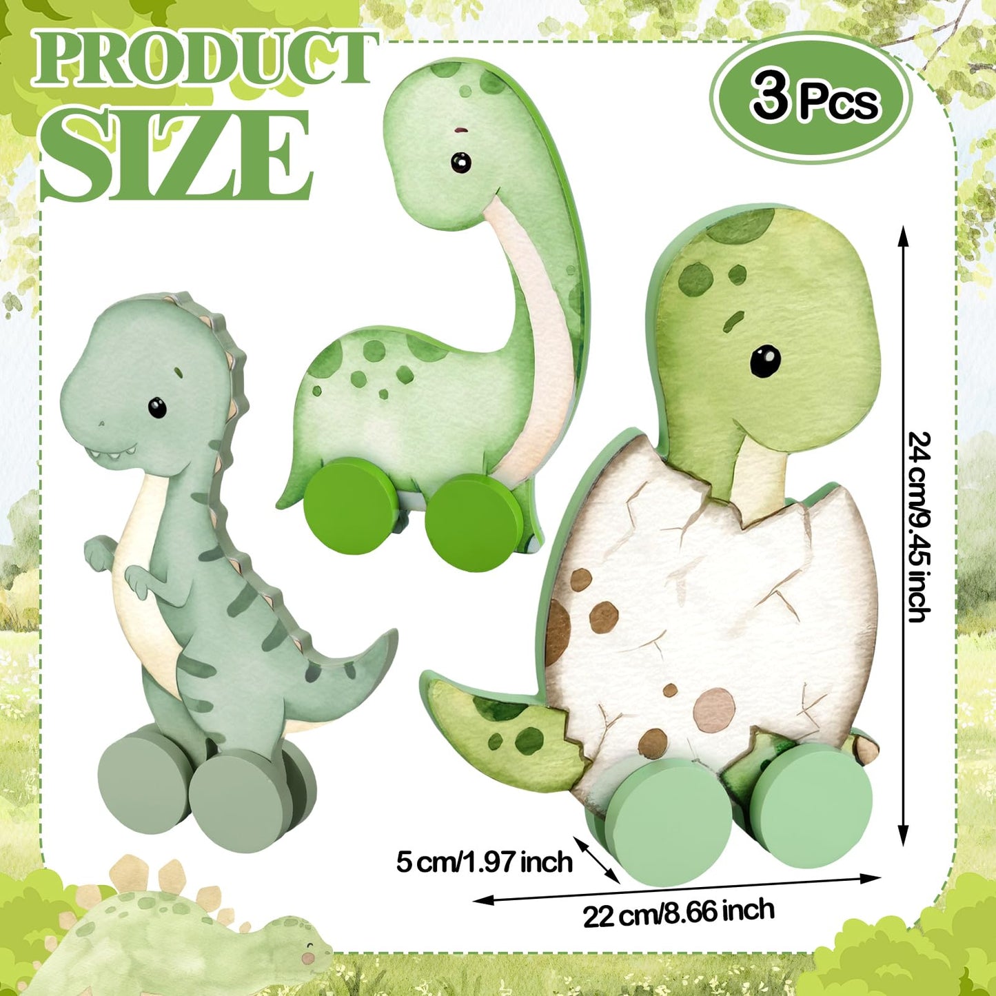 Yinkin 3 Pcs Wooden Dinosaur Baby Shower Table Decorations Rustic Baby Dinosaur Shower Figurines with Wheels Spring Table Centerpiece for Home Office Tiered Tray Decor