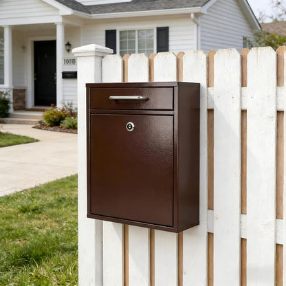 KYODOLED Locking Wall Mount Mailbox for Outside, Drop Box, X-Large, Bronze | Heavy-Duty Steel, Outdoor Mail Box with Key Lock, Large Capacity, Home, Office & Apartment Use, 16.2H × 11.2L × 4.6W In