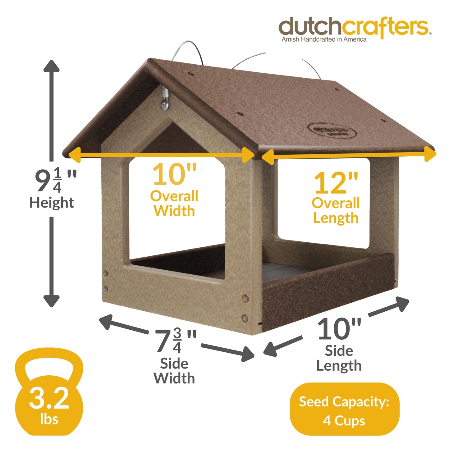 DutchCrafters Amish USA Made Recycled Plastic Large Hanging Modern Fly Through Covered Roof Open Platform Tray Bird Feeder for Outdoors, Garden, Yard (Tudor Brown & Weatherwood)