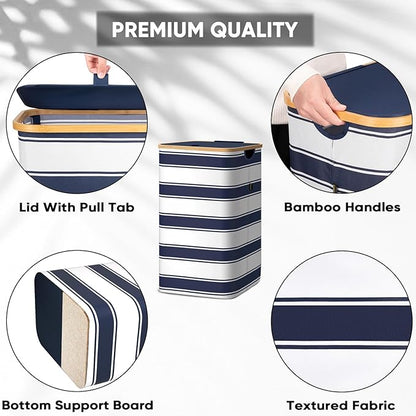 BALEINE Laundry Hamper with Lid, Tall Laundry Baskets with Bamboo Pull Handles