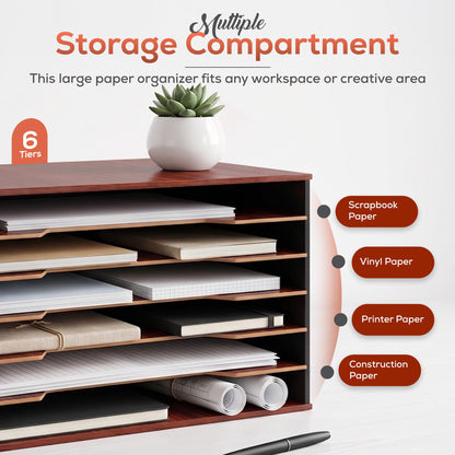 DL Davis lorence Wooden Paper Organizer 20.25"W x 12.25"H x 13.25"D, 6-Tier Storage for 12"x18" & 11"x17" Sheets, Includes Matching Pen Holder & Tray, Ideal for Office, Home, Art Room and Classroom