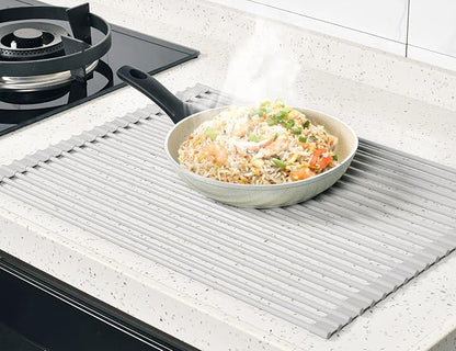 Surpahs 20.5 x 15.5 Inch Roll-Up Dish Drying Rack, Fits Across Sink Openings up to 19.5 Inches, Heavy-Duty Premium Silicone, Strong Support, Non-Slip, Heat-Resistant, Warm Gray