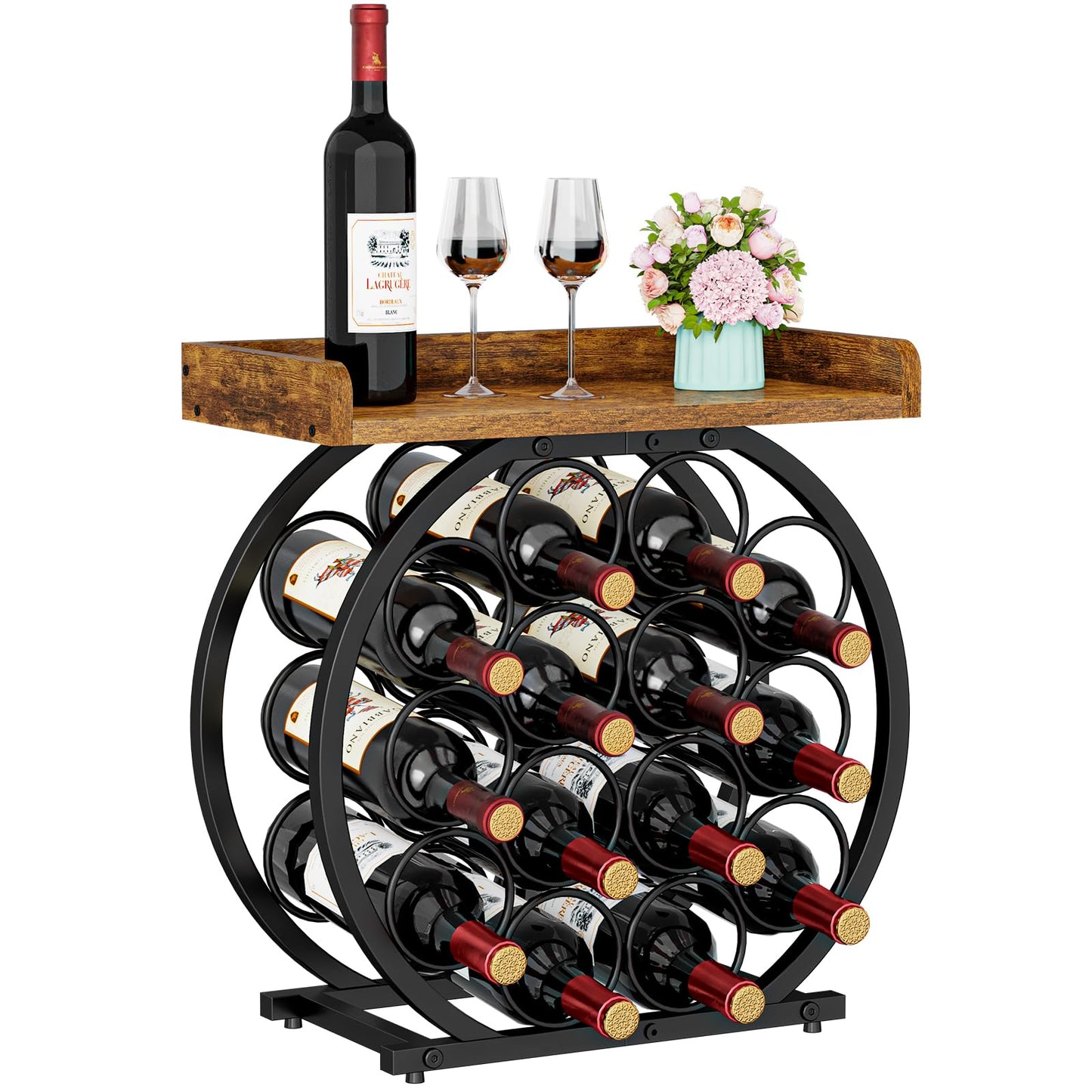 X-cosrack 14 Bottles Countertop Wine Rack with Wooden Tabletop, Round Metal Freestanding Wine Storage Holder, Wine Racks Countertop Wine Bottle Organizer Display Stand for Pantry Home Kitchen Bar