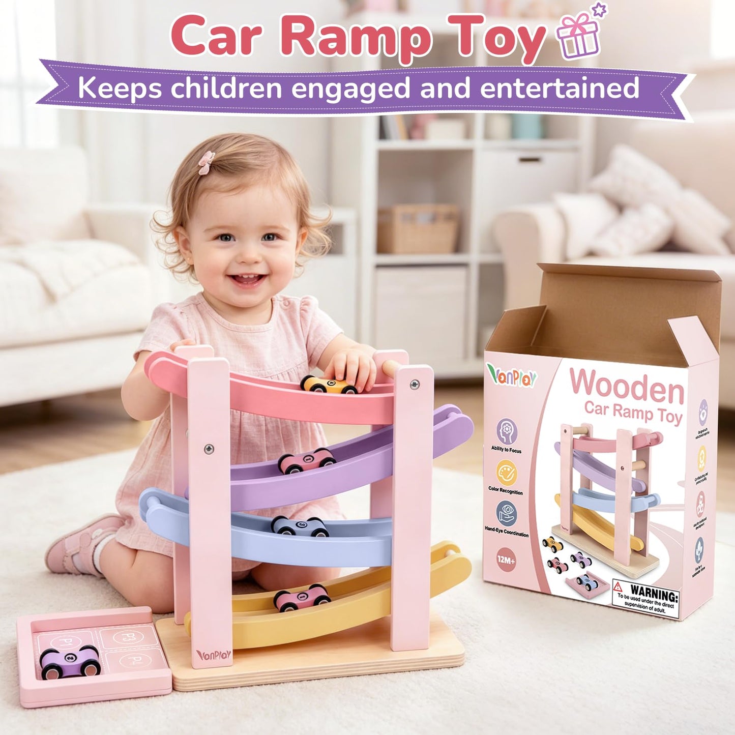 Vanplay Car Ramp Toys for One Year Old Girl Birthday Gifts, Montessori Toys for 1 2 Year Old, Wooden Race Track Truck Toy with 4 Mini Cars, First Christmas Birthday Gifts for Toddler Girl Toys 1-3-2-4