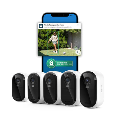 Arlo Essential Security Camera 2K (3rd Gen, 2025 Release) 5 Cam + 6 Months of Secure Plus Plan - Wireless Outdoor Camera, Battery Power, Person Recognition, Package Detection, Animated Preview, White