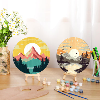 Faccito 4 Pack Wooden Landscape Paint by Numbers Kit for Adults Beginners 8 Inch Unfinished Round Wood Board Acrylic Paint Nylon Brush Hook Distant Mountains Sunset Lake DIY Crafts for Home Wall Decor