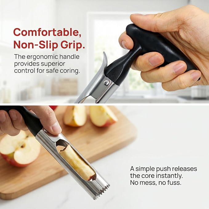 2 Pack Apple Corer, Stainless Steel Apple Corer Tool with Serrated Coring Head, Quick Core Release, Non-Slip Handle, Fruit Core Remover for Apples, Pears, Bell Peppers