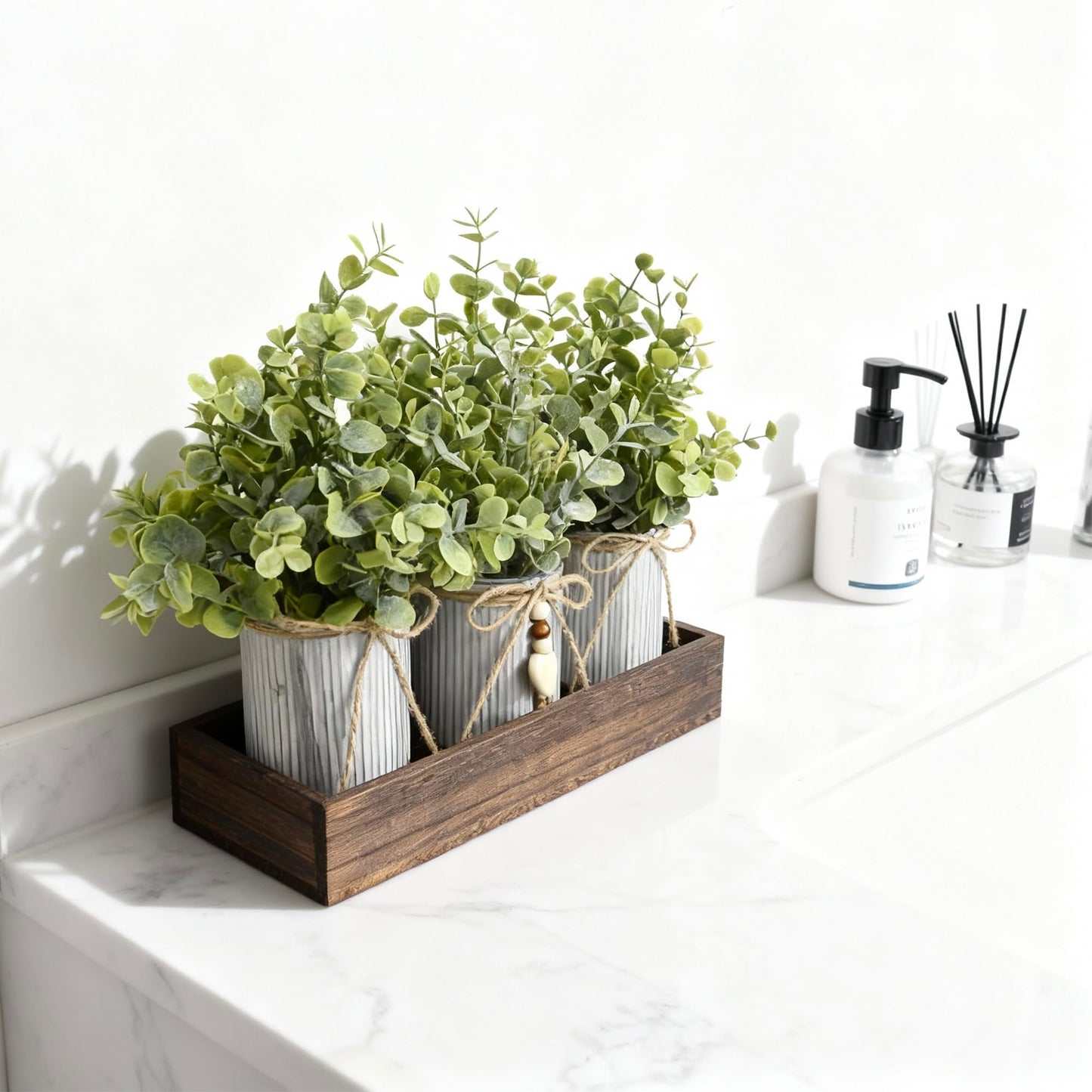 CANCLEAR Rustic Farmhouse 3-Piece Artificial Eucalyptus Centerpiece – Wooden Tray with 3 Galvanized Metal Pots & Faux Greenery – Table Decor for Dining Room, Kitchen, Living Room, Bathroom, Office