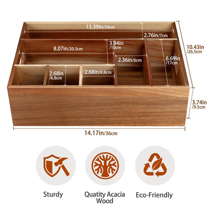 BOTOP Acacia Wood Utensil Holder for Party, Paper Plate Organizer Silverware Caddy with 6 Compartments for Plate, Cup, Fork, Spoon, Cutlery Holder Countertop for Kitchen Camping Buffet