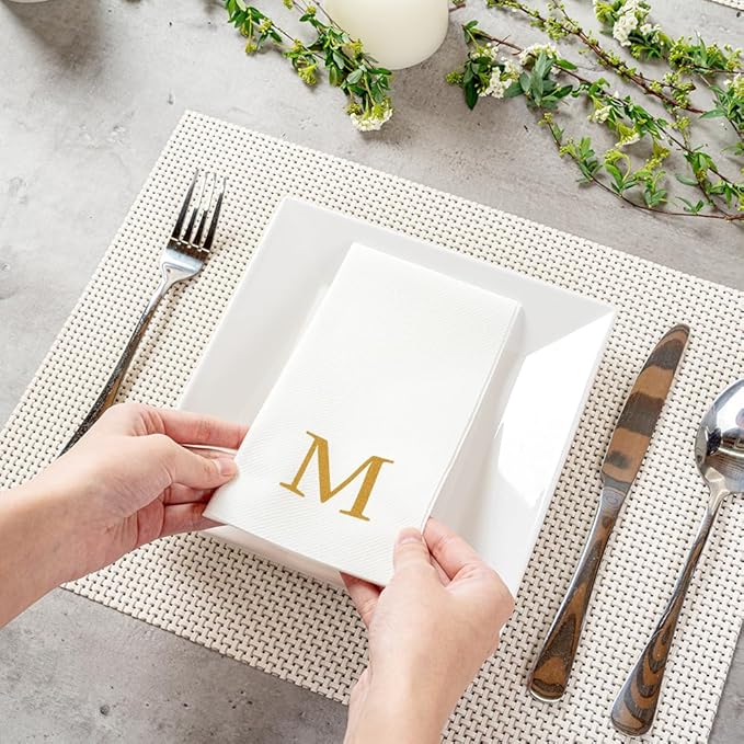 Restaurantware Napkins Pack of 300 Gold Letter M Linen-Feel Paper Disposable