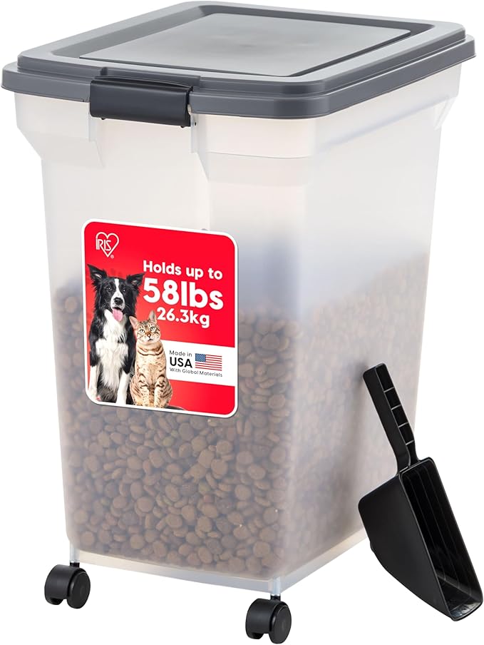 IRIS USA Dog Food Storage Container 58 lbs, Attachable Wheels, & Included Scoop