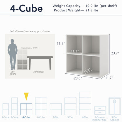Homes: Inside + Out Apexa 4-Cube Storage Organizer Shelves, Stackable Wood Bookcase Fits Cubby Bins for Organization, Dorm Teen Room Decor & Home Office, White