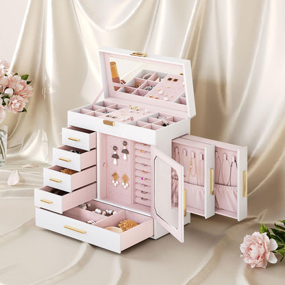 HOOBRO Jewelry Box with Mirror, Jewelry Organizer Box with Capacious Storage Space and 360° Rotating Jewelry Box, Wooden Jewelry Organizer Bundle, WT06JB04G1-BH30JB04