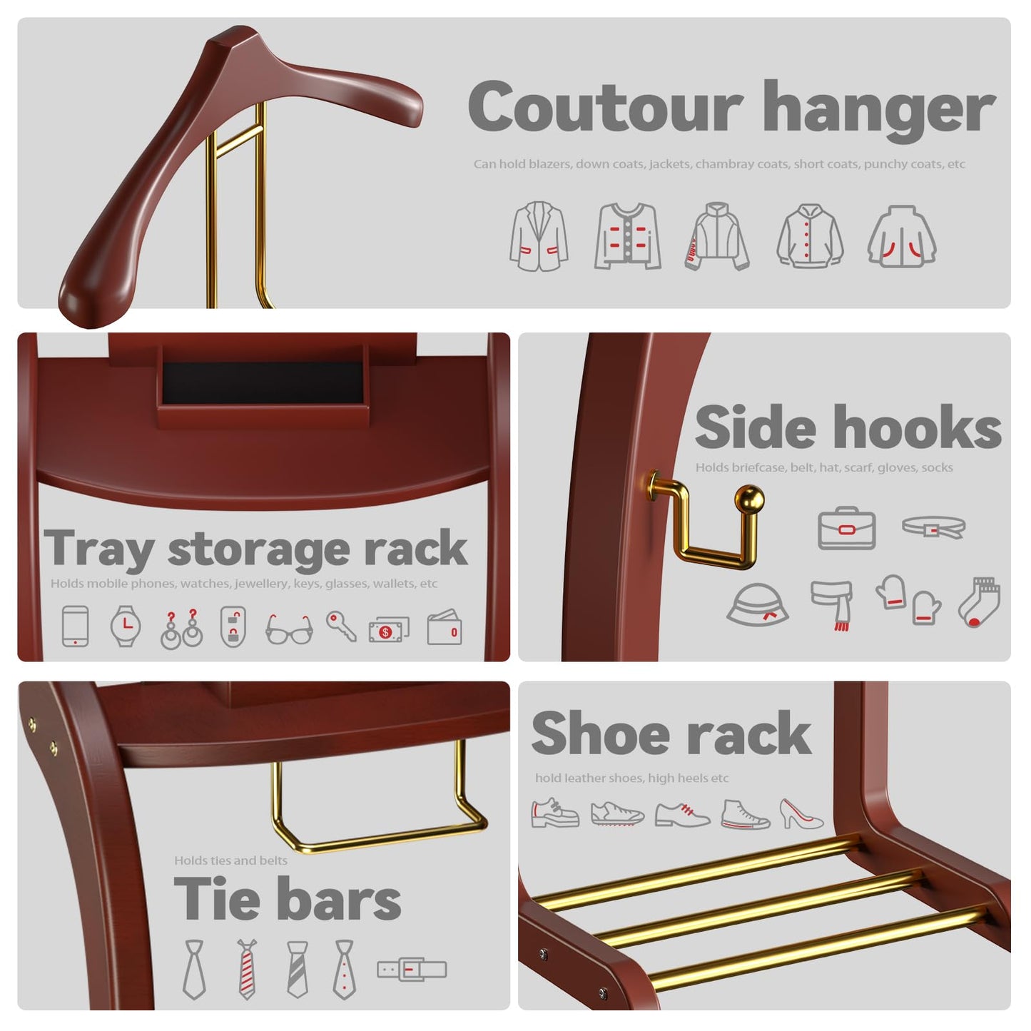 Dkjdssek Suit Valet Stand for Men, Wood Mens Valet Stand with Base, Contour Hanger, Tray, Trouser Bar and Tie Bar, Clothes Valet Stand for Bedroom Entryway Home Living Room Office (Reddish brown)