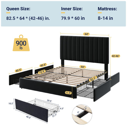 Allewie Queen Size Storage Bed Frame, Vertical Channel Tufted Adjustable Headboard, Velvet Upholstered Platform Bed with 4 Oversized Underbed Drawers, Wooden Slats Support, No Box Spring Needed, Black