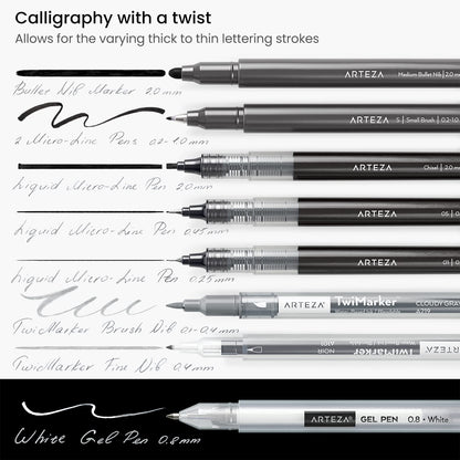 ARTEZA Hand Lettering Pens Set of 12 – Calligraphy and Brush Pens with Guidebook, Pencil, Eraser for Beginners Learning Hand Lettering and Decorative Writing